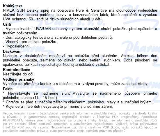 Nivea Sun Kids Opal.sprej Sensit.of50+ 200ml 85847 - popis
