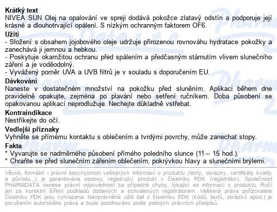 Nivea Sun Opalovací Olej Sprej Of6 200ml 80403 - popis
