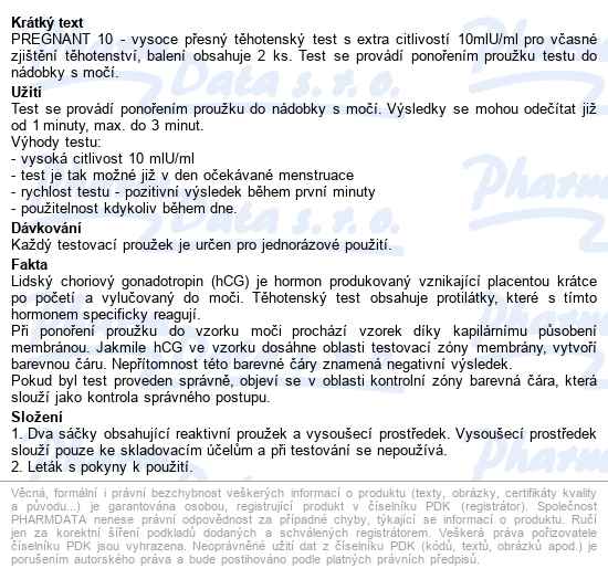 Pregnant 10 Těhotenský Test 2ks - popis