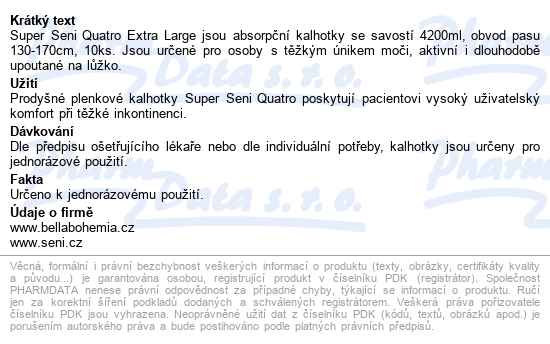 Seni Super Quatro Extra Large kalhotky absorpční prodyšné extra savé, boky 130-170cm - popis
