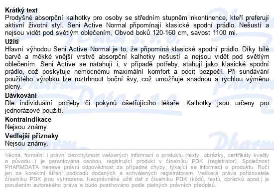 Seni Active Normal Extra Large kalhotky absorpční natahovací, boky 120-160cm,prod - popis