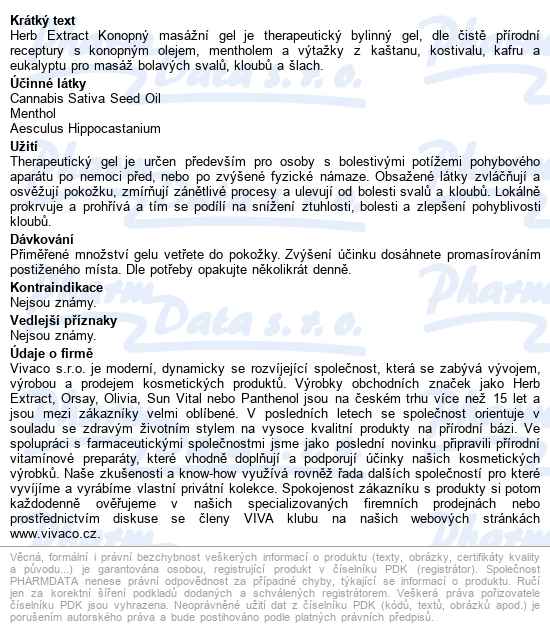 Herbextract Cannabis Konopný Masážní Gel 250ml - popis