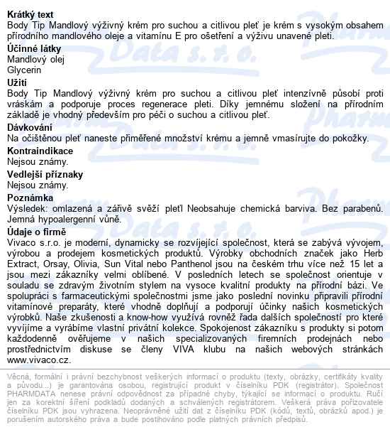 Bodytip Mandlový Výživný Krém Suchá/citl.pleť 50ml - popis
