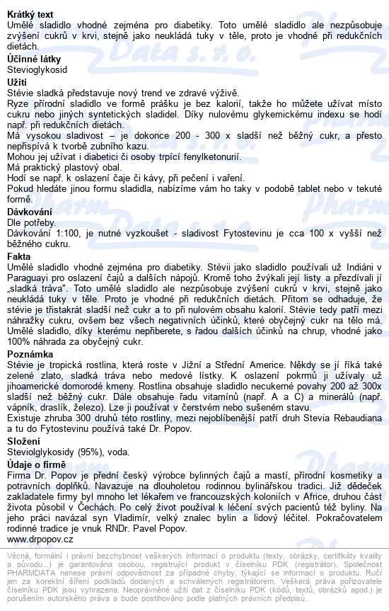 Dr.popov Fytostevin Sladidlo Ze Stévie 50g - popis