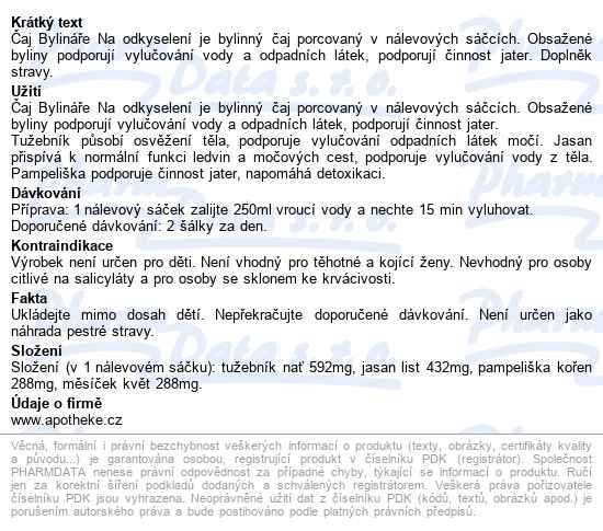 čaj Bylináře Na Odkyselení 40x1.6g - popis