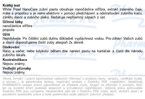 White Pearl Nanocare Zubní Pasta Nanosilver 100ml - popis
