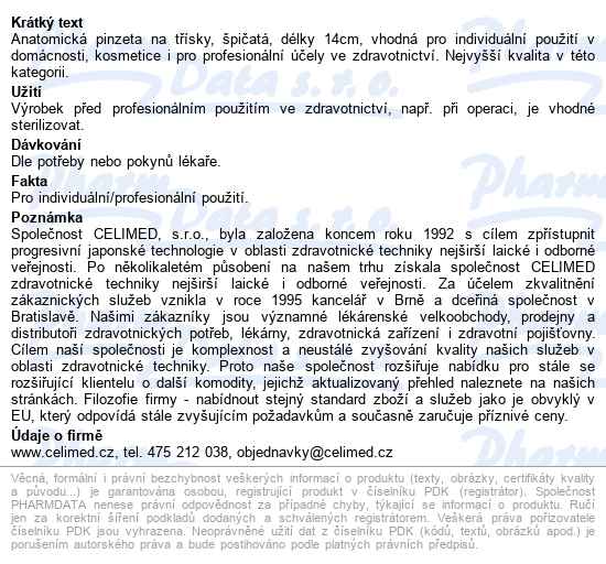 Pinzeta Sg-207 Anat.špičatá Na Třísky 14cm Celimed - popis
