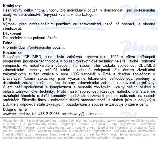 Peán 12-0168 Rovný 14cm Celimed - popis