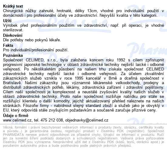 Nůžky 6-0051-b Zahnuté Hrotnaté 13cm Celimed - popis