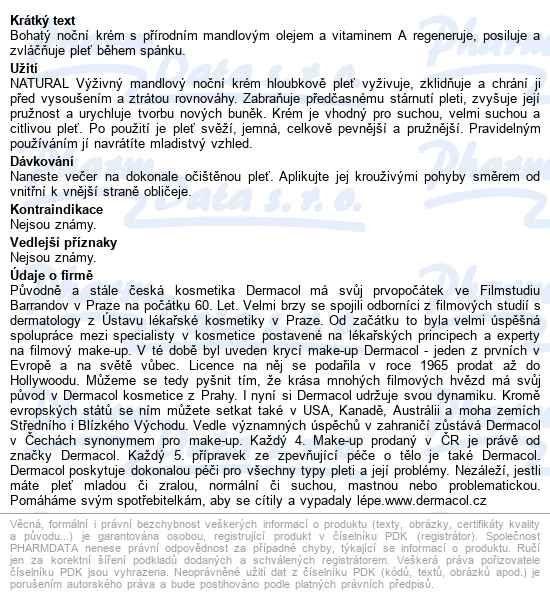 Dermacol Natural Výživný Mandlový Noční Krém 50ml - popis