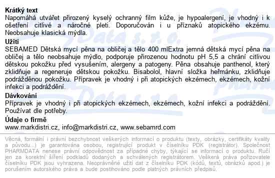 Sebamed Dětská Mycí Pěna Na Obličej A Tělo 400ml - popis