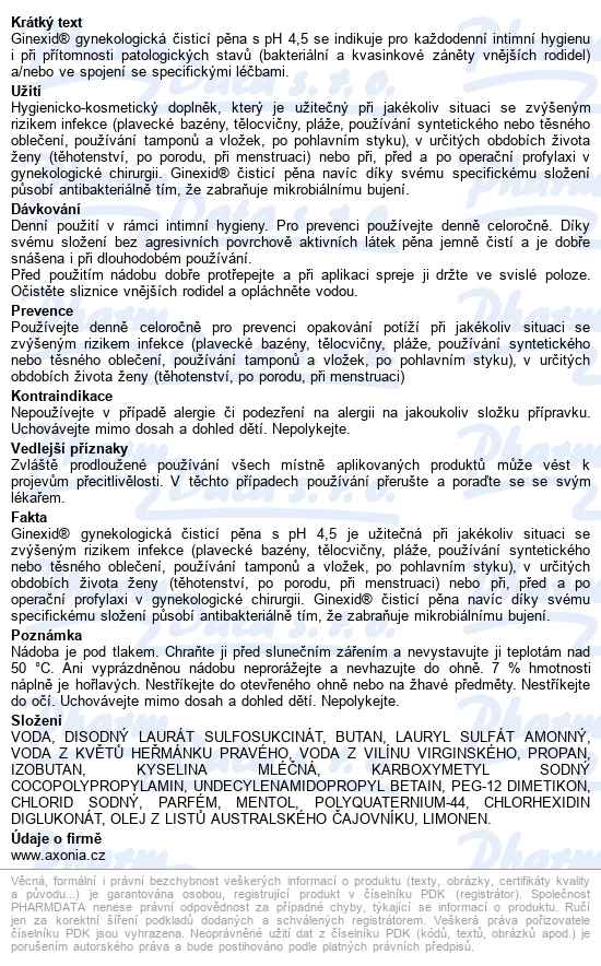 Ginexid Gynekologická čisticí Pěna 150ml - popis