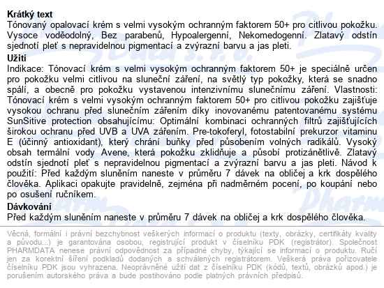 Avene Sun Tónovací Krém Spf50+ 50ml - popis