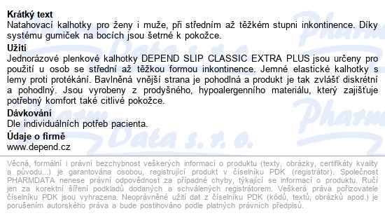Natahovací Kalhotky Depend Slip Classic Extra Plus 1150ml, pas 80-140cm, 30ks - popis
