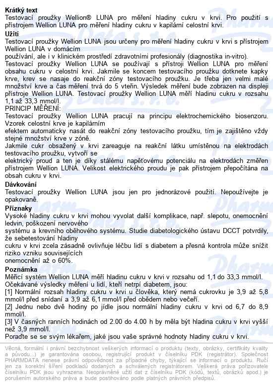 Wellion Luna Testovací proužky glukóza 50 ks - popis