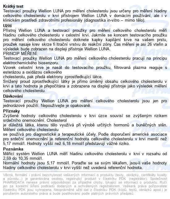 Wellion Luna Testovací Proužky Cholesterol 10ks - popis