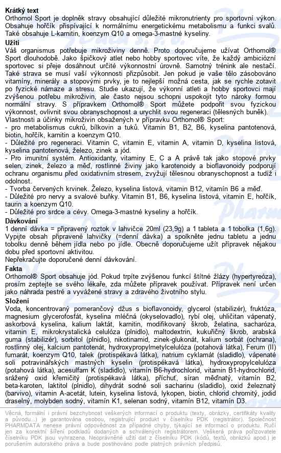Orthomol Sport 30 Denních Dávek - popis