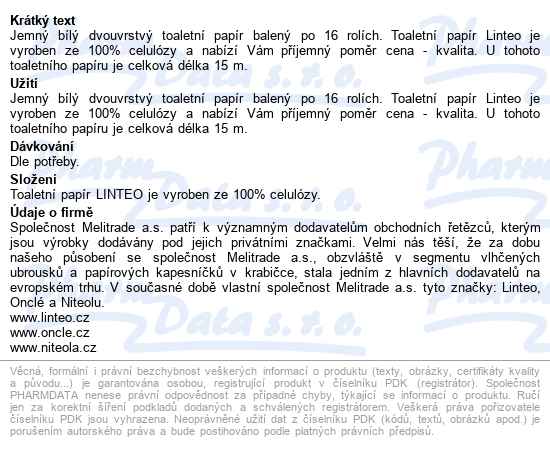 Toaletní Papír Linteo Classic 2-vrstvý Bílý 16rolí - popis