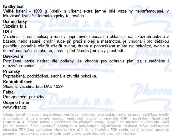Vitar Vazelina Extra Jemná Bílá 1000g - popis