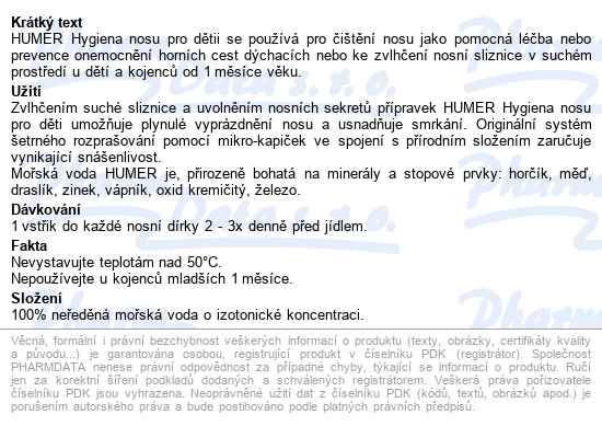 Humer Hygiena Nosu 100% Mořská Voda Pro Děti 150ml - popis