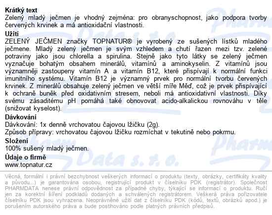 Zelený Ječmen Prášek 150g Topnatur - popis