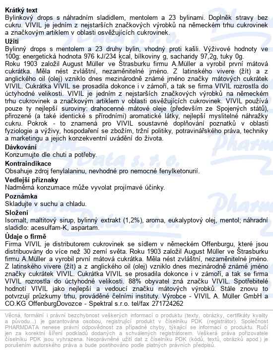 Vivil Byliny 23druhů Bez Cukru (proti Kašli) 60g - popis