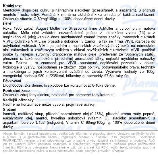 Vivil Extra Silný Mentol+vitamín C Bez Cukru 60g - popis
