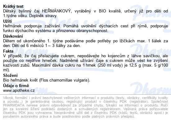 Apotheke Dětský Bylinný čaj Heřmánkový Bio 20x1g - popis