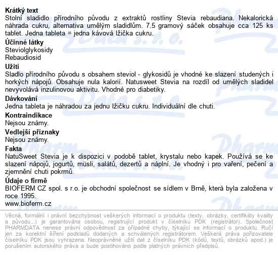 Natusweet Stevia Tabs 7.5g - popis