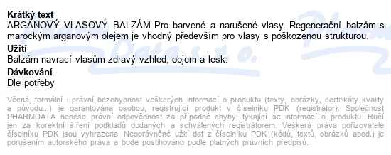 Bodytip Arganový Vlasový Balzám 250ml - popis