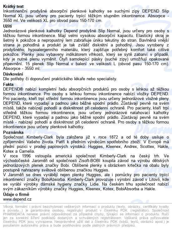 Plenkové Kalhotky Depend Normal Xl boky 150-170cm, 2808ml, 15ks - popis