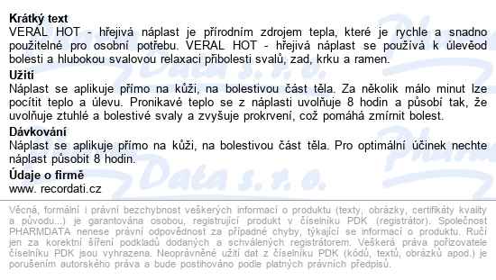 Herbacos Veral Hot Hřejivá Náplast 2ks - popis