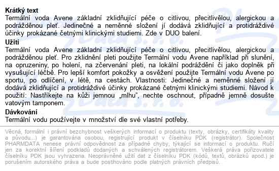 Avene Termální Voda Ve Spreji (eta) 2x150ml - popis