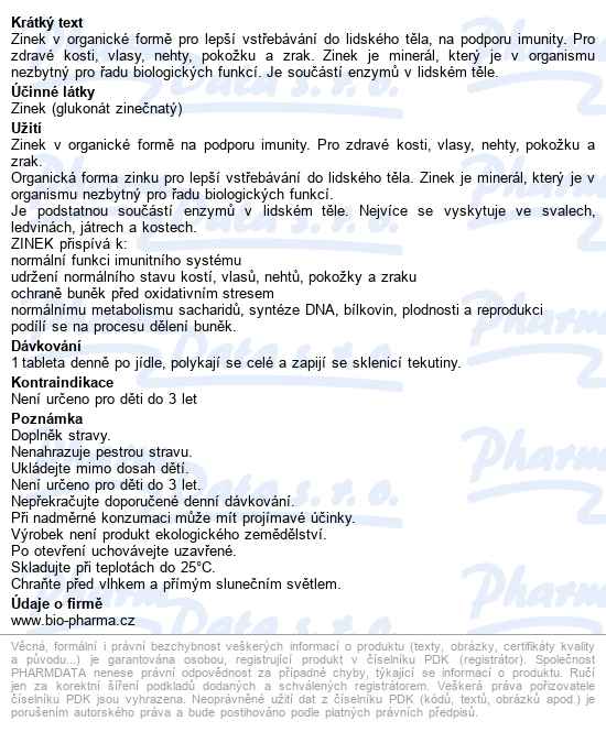 Zinek Glukonát 15mg Tbl.100+50 Bio-pharma - popis
