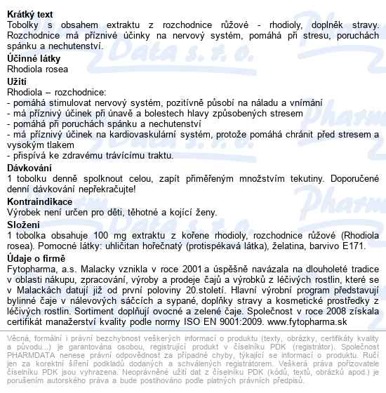 Rhodiola Tobolky Při Stresu 30ks Fytopharma - popis