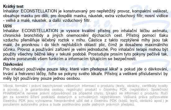 Inhalátor Diagnostic Econstellation Kompres. S Příslušenstvím 1 Sada - popis