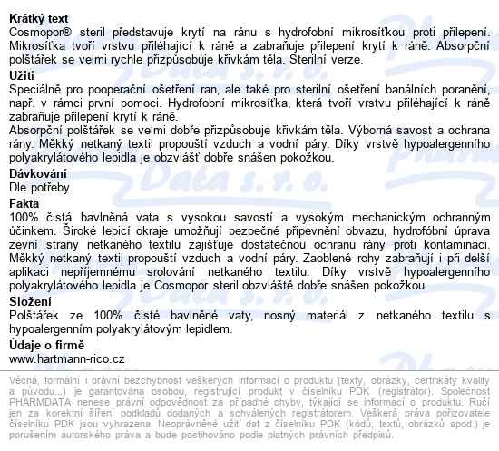Náplast Hypoalergenní Cosmopor Sterilní 10x25cm,s polštářkem,1ks - popis