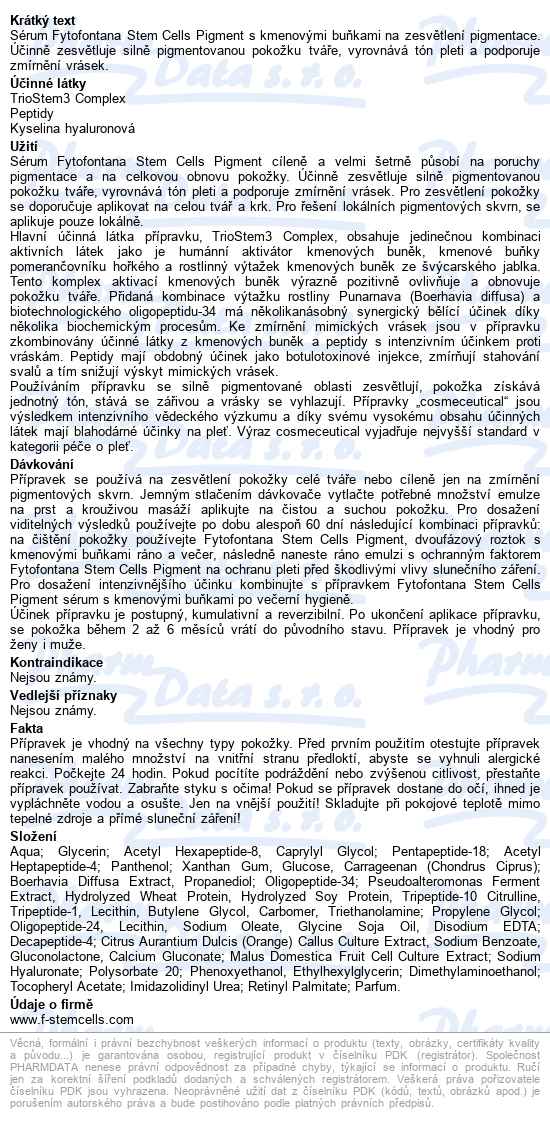 Fytofontana Stem Cells Pigment Serum 30ml - popis