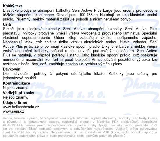 Seni Active Plus Large kalhotky absorpční natahovací, boky 100-135cm,2000 - popis