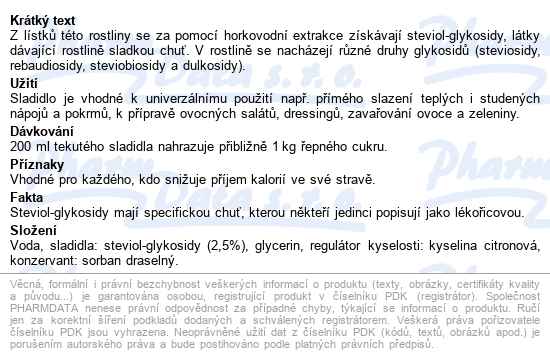 Stevia Tekuté Stolní Sladidlo 200ml - popis