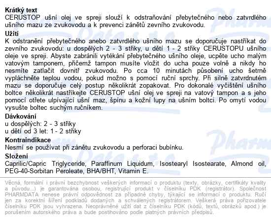 Cerustop Ušní Olej Ve Spreji 10 Ml - popis