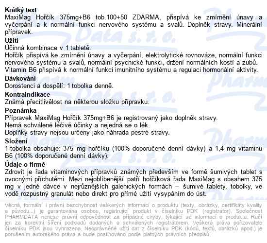 Maximag Hořčík 375mg+b6 Tobolek 100+50 Zdarma - popis