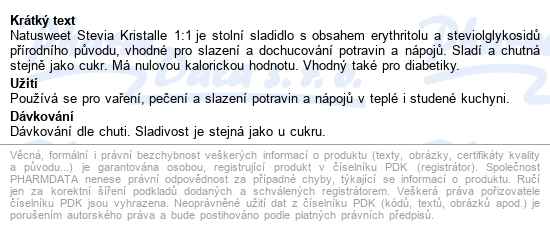 Natusweet Stevia Kristalle 1:1 200g - popis