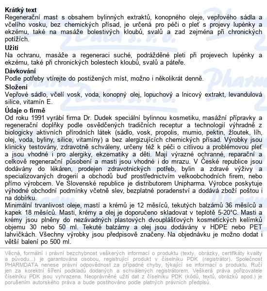 Dr.dudek Konopná Mast Regenerační Při Ekzému 50ml - popis