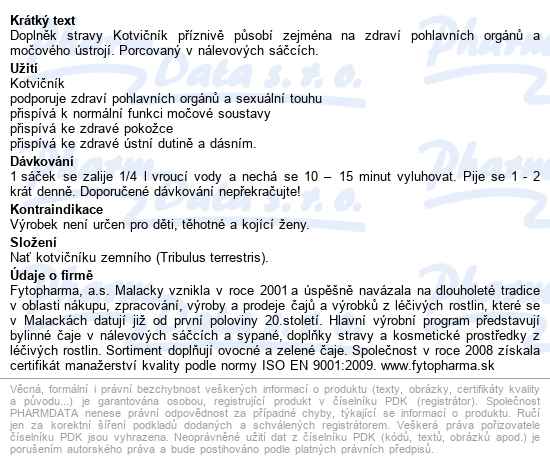 Kotvičník čaj Porcovaný 20x1g Fytopharma - popis