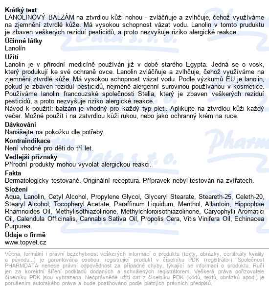 Topvet Lanolinový Balzám Na Nohy 50ml - popis