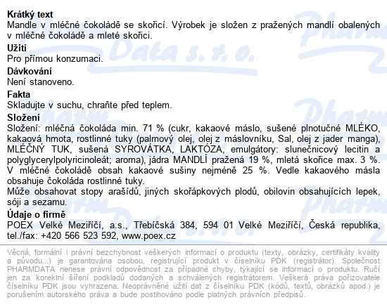 POEX Mandle v mléčné čokoládě se skořicí 700 g - popis