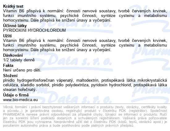 Pyridoxin Biomedica 20mg Tbl.30 - popis