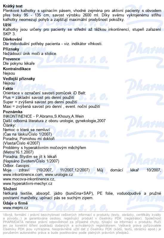 Kalhotky Absorpční Id Belt Large-super boky 95-135cm,2600ml,prodyšné,14ks - popis