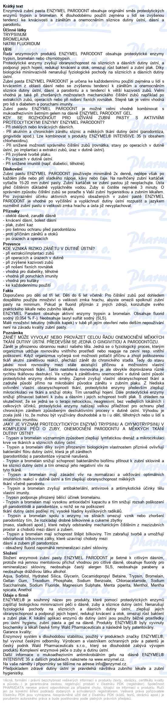 Enzymel Parodont Enzymová Zubní Pasta 75ml - popis